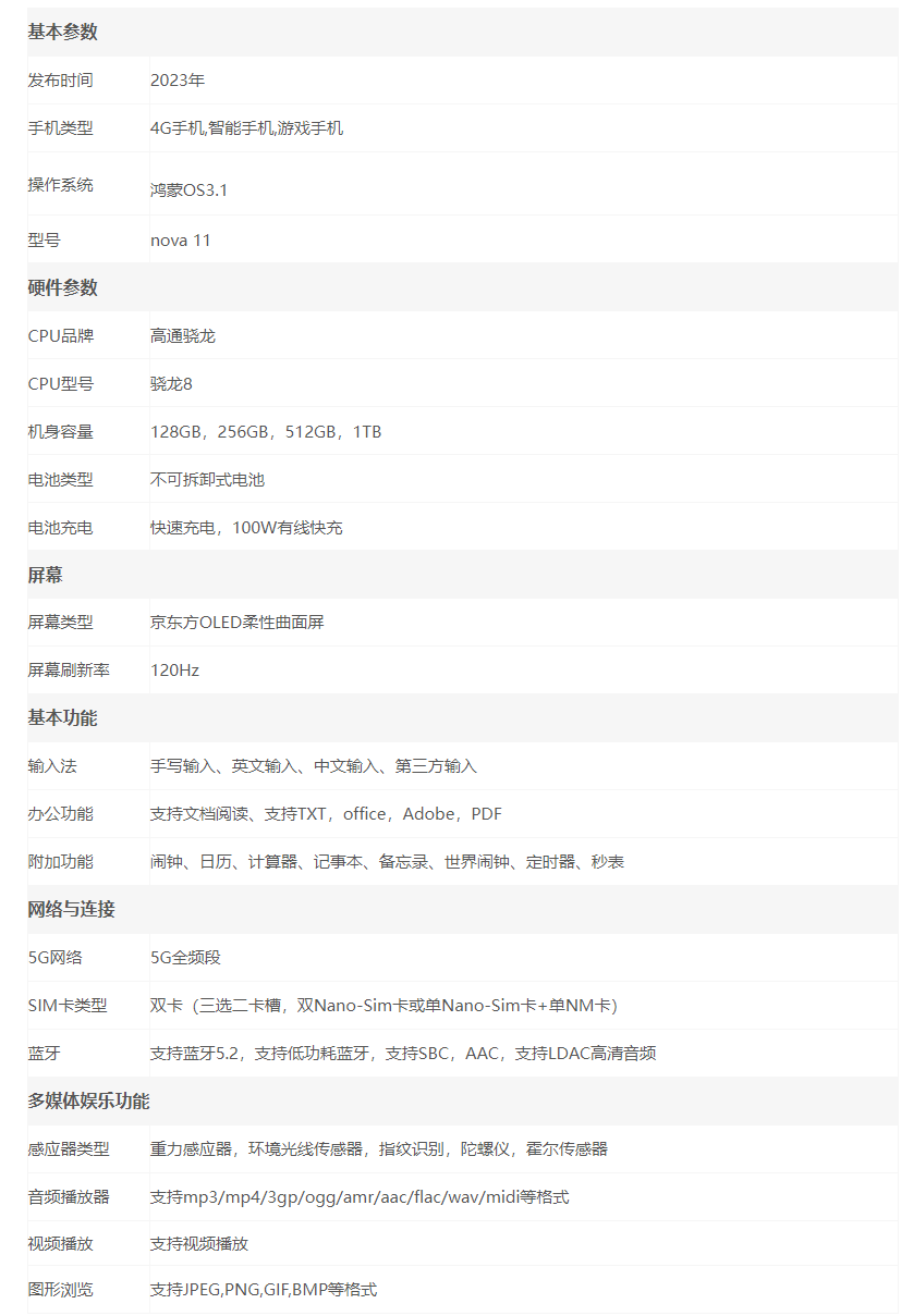 华为nova11参数配置介绍